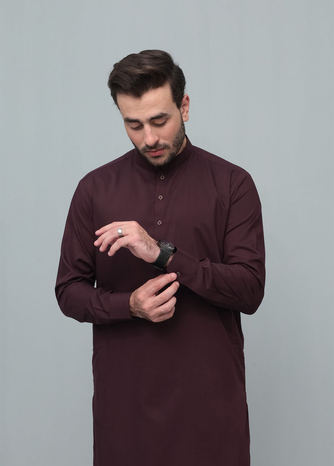 Mazham Mens Pret Blended 2 Piece Solids Dark Marron Kameez Shalwar - Festive Collection