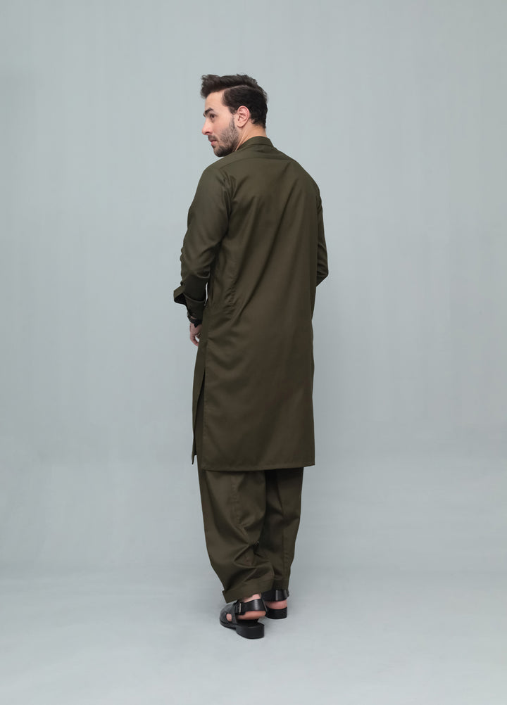Mazham Mens Pret Blended 2 Piece Solids Army Green Kameez Shalwar - Festive Collection