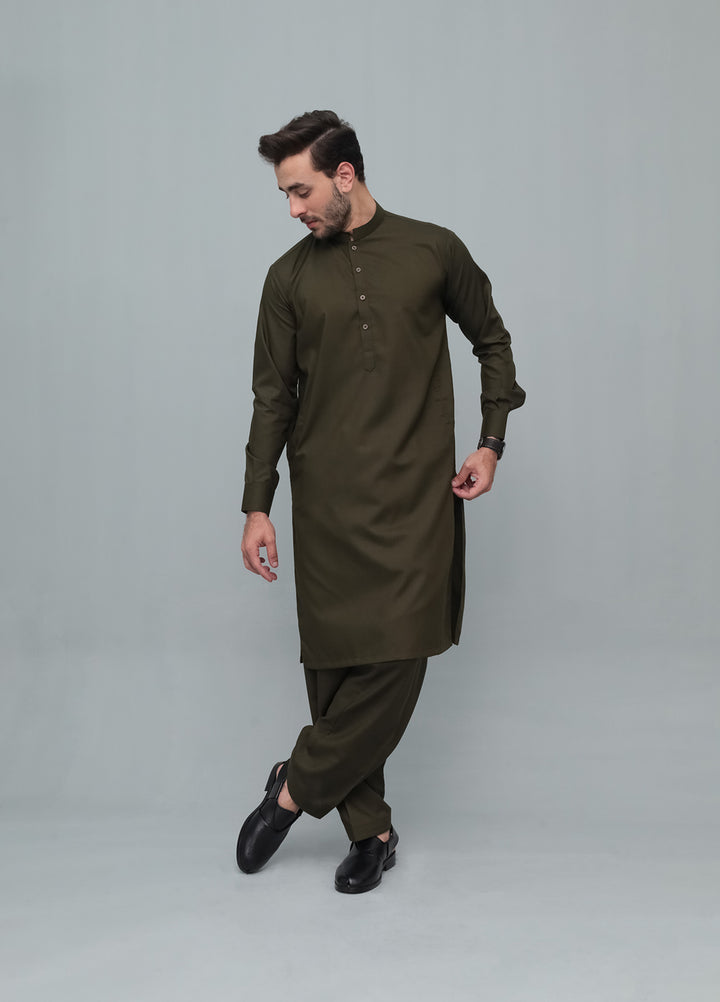 Mazham Mens Pret Blended 2 Piece Solids Army Green Kameez Shalwar - Festive Collection