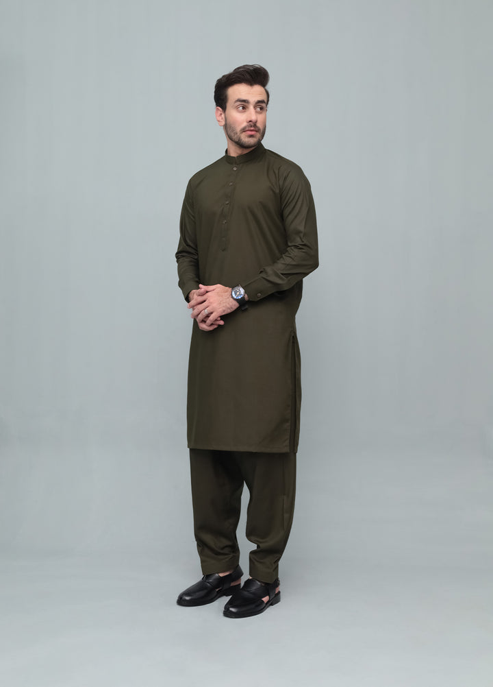 Mazham Mens Pret Blended 2 Piece Solids Army Green Kameez Shalwar - Festive Collection
