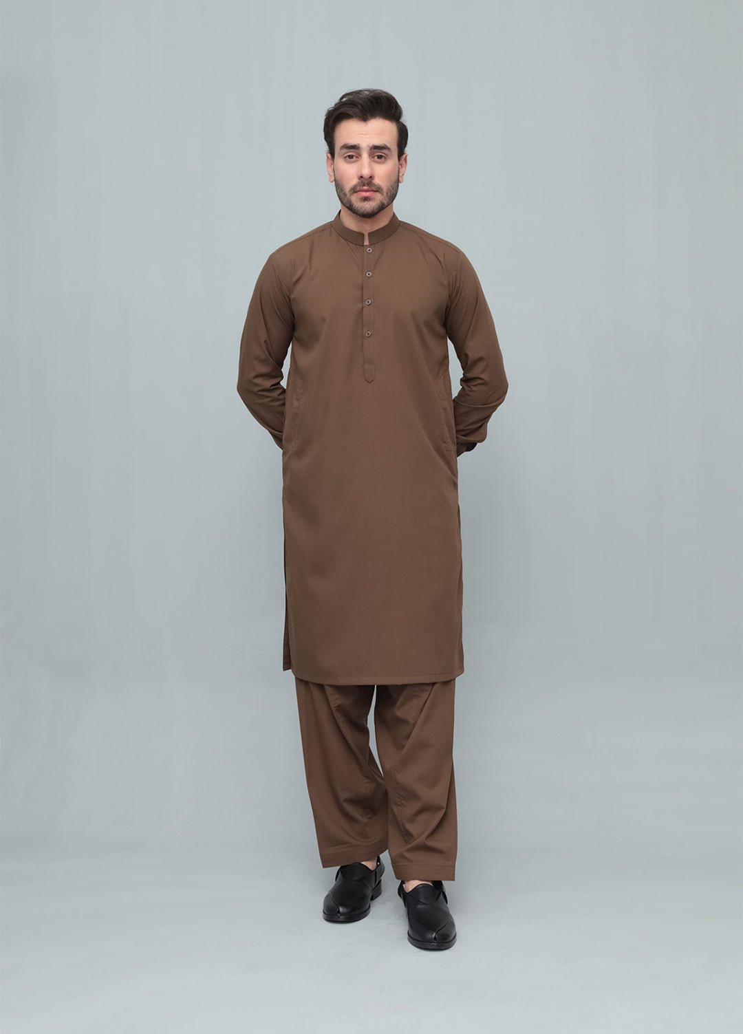 Mazham Mens Pret Blended 2 Piece Solids Coffee Brown Kameez Shalwar - Festive Collection