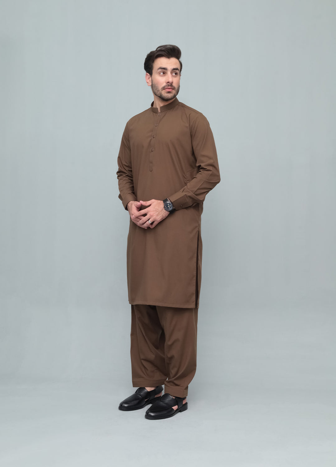 Mazham Mens Pret Blended 2 Piece Solids Coffee Brown Kameez Shalwar - Festive Collection
