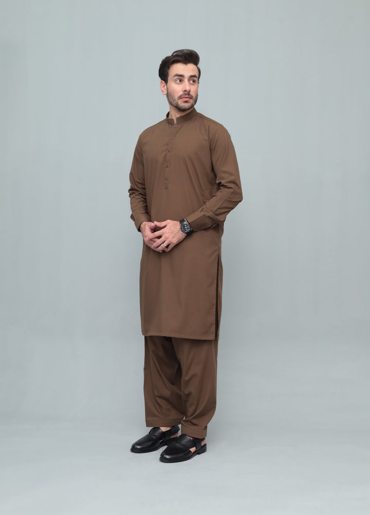 Mazham Mens Pret Blended 2 Piece Solids Coffee Brown Kameez Shalwar - Festive Collection