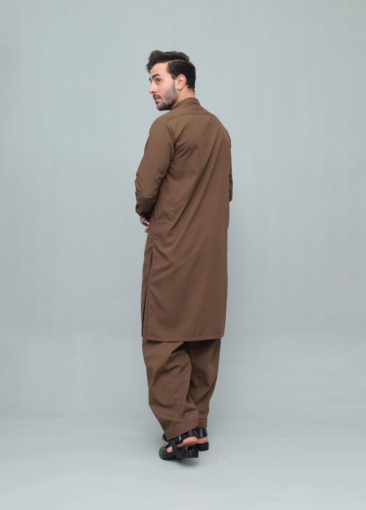 Mazham Mens Pret Blended 2 Piece Solids Coffee Brown Kameez Shalwar - Festive Collection