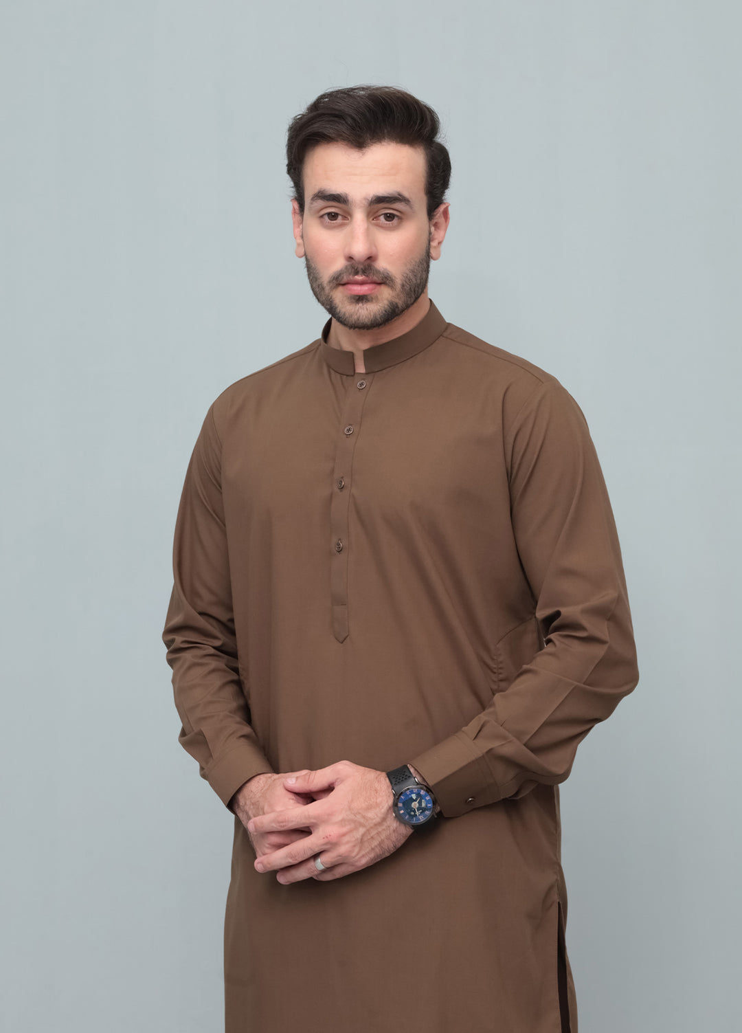 Mazham Mens Pret Blended 2 Piece Solids Coffee Brown Kameez Shalwar - Festive Collection