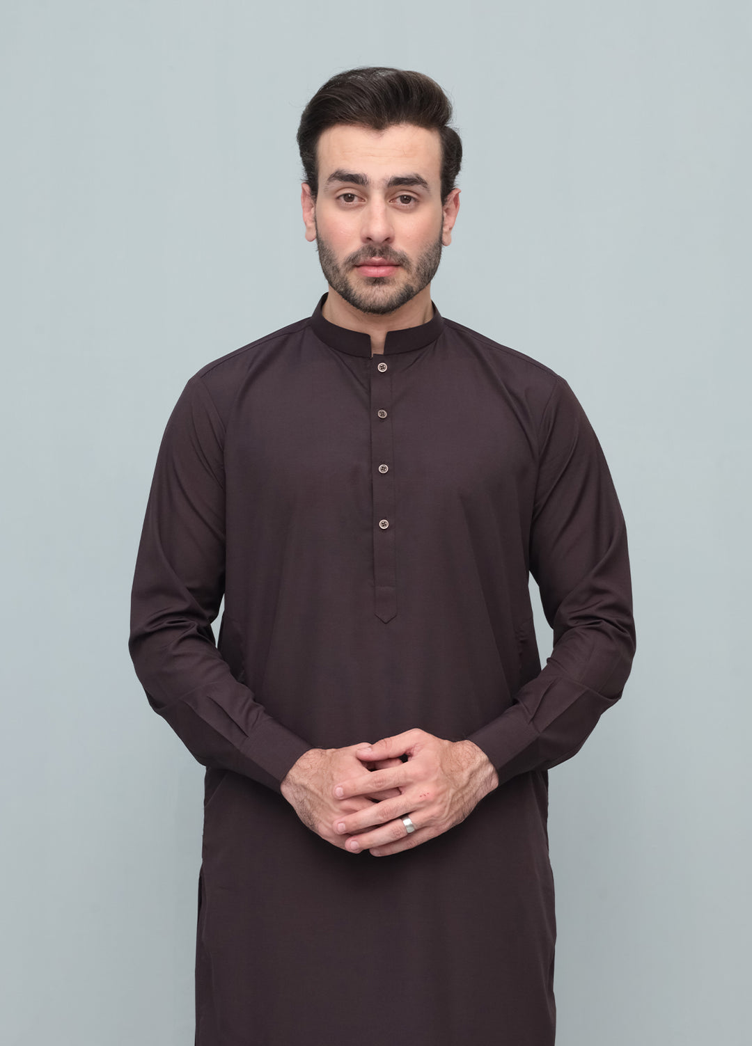 Mazham Mens Pret Blended 2 Piece Solids Chocolate Brown Kameez Shalwar - Festive Collection