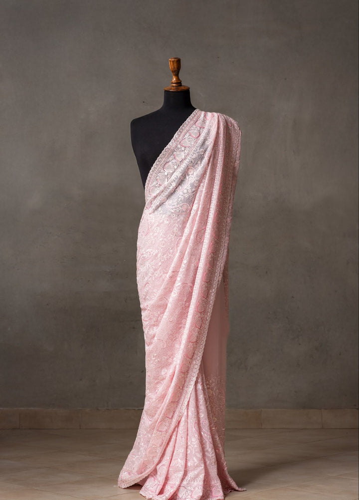 Elaya by House of Nyyra Unstitched 2 Piece Chikankari Powder Saree - Formals Collection