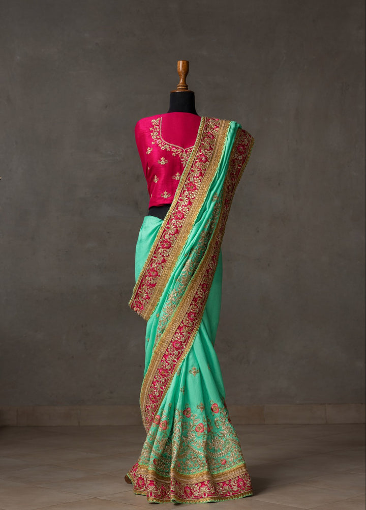 Elaya by House of Nyyra Unstitched 2 Piece Hand work Mint green and pink raw silk saree - Wedding Collection