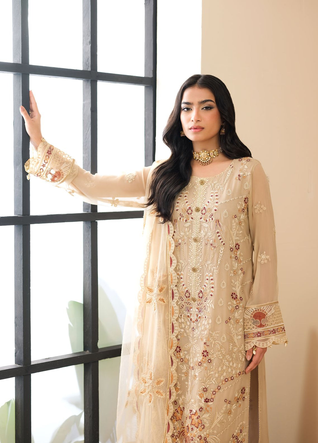 Era by Waresha Women Embroidered Chiffon 3 Piece Suit Desert Rose WFE-02 - Formals Collection