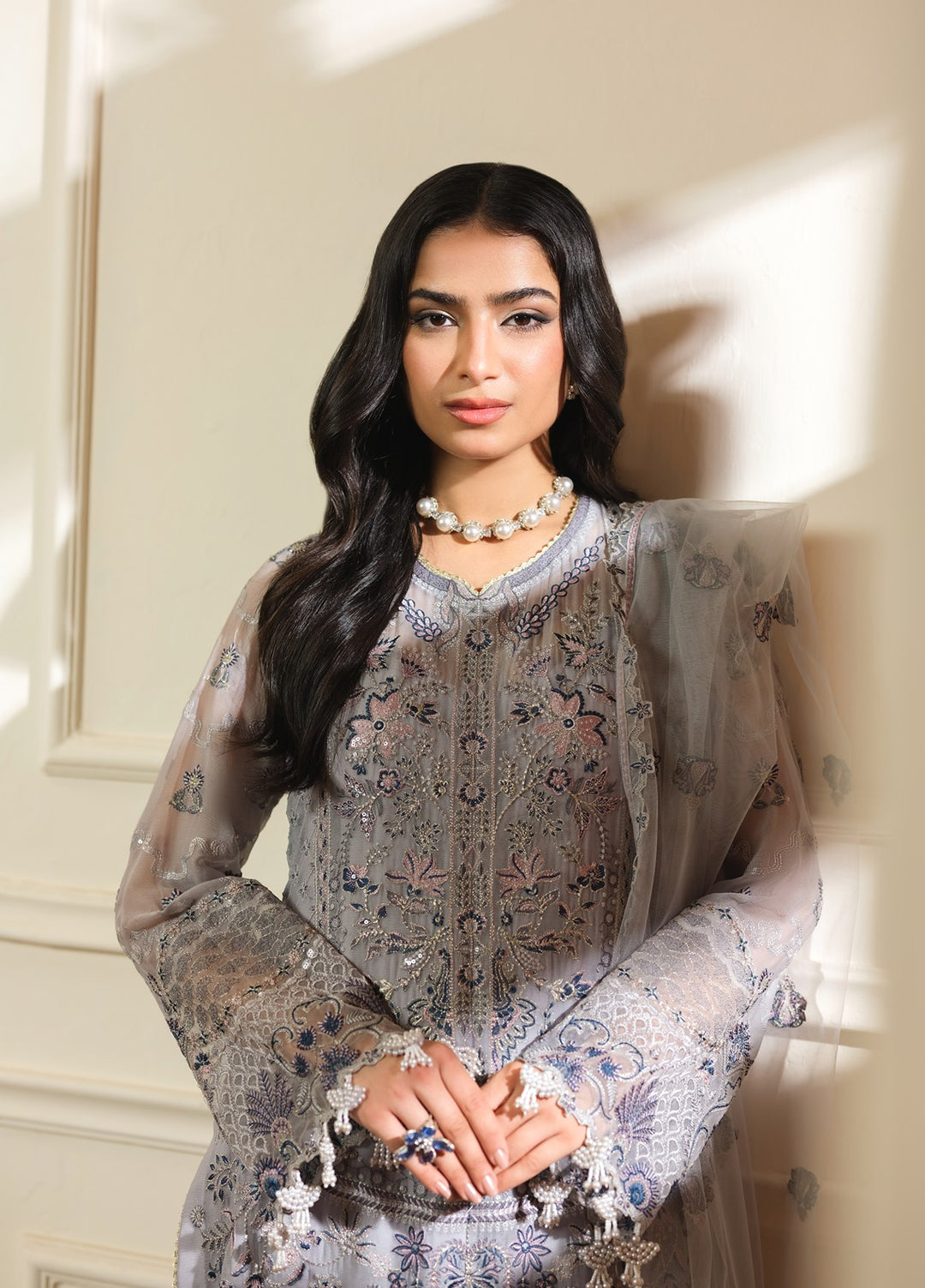 Era by Waresha Women Embroidered Chiffon 3 Piece Suit Smoky Grace WFE-03 - Formals Collection