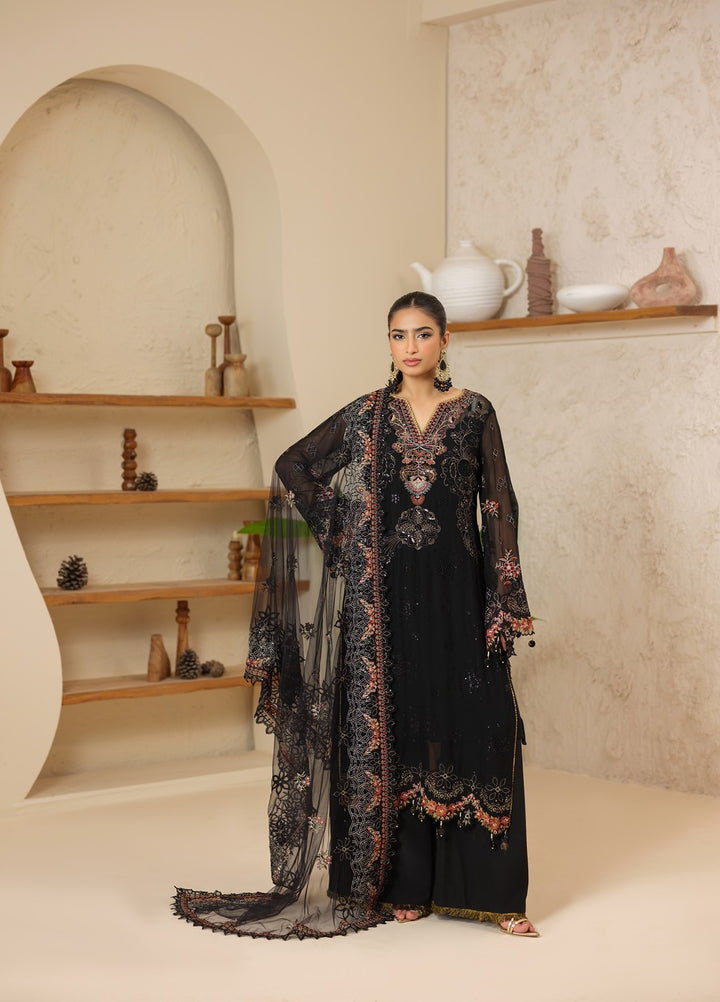 Era by Waresha Women Embroidered Chiffon 3 Piece Suit Obsidian Bloom WFE-05 - Formals Collection