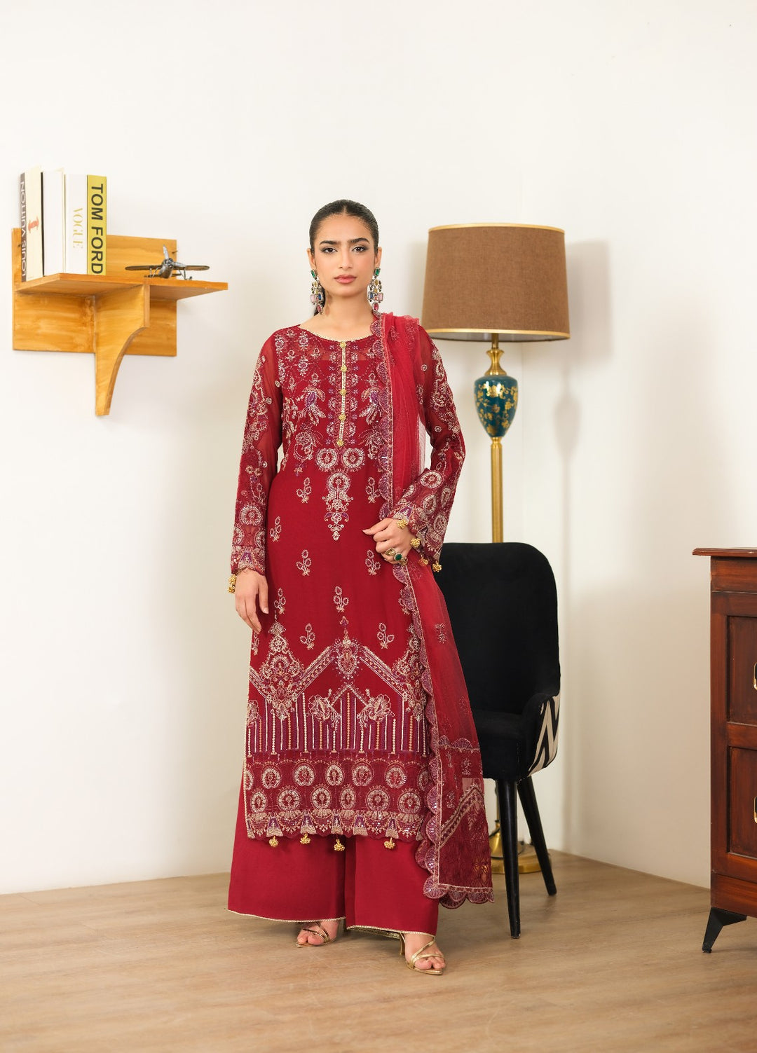Era by Waresha Women Embroidered Chiffon 3 Piece Suit Scarlet Grace WFE-07 - Formals Collection