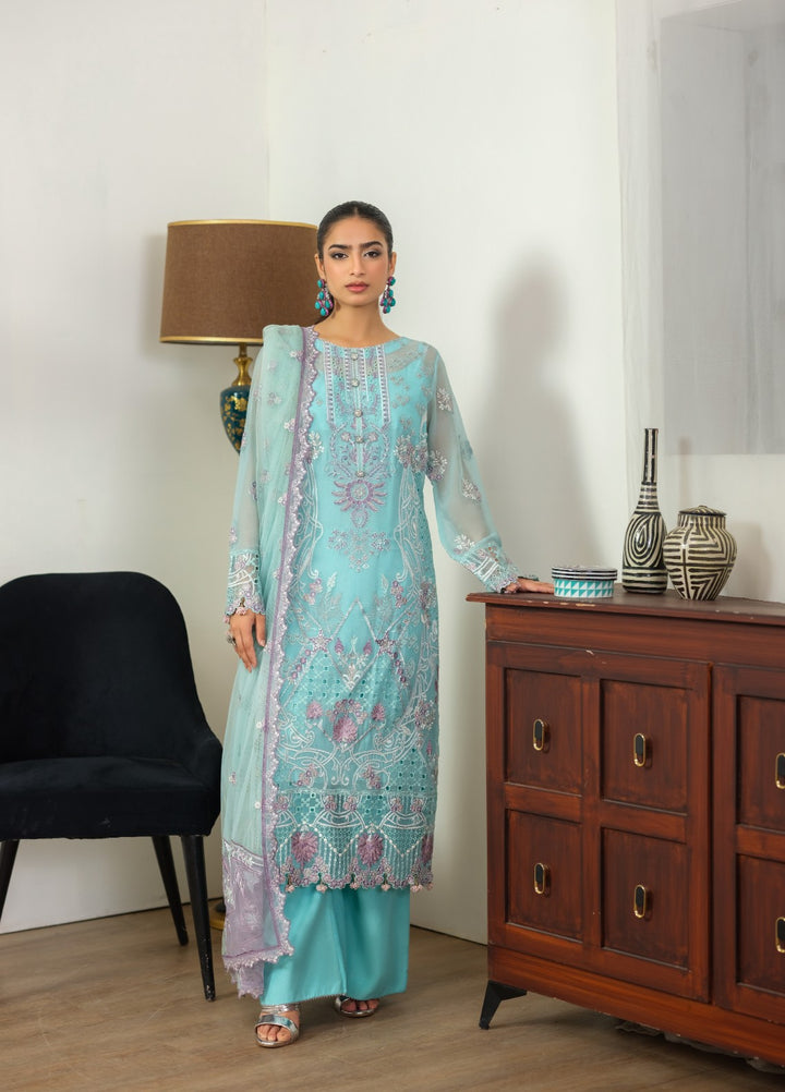 Era by Waresha Women Embroidered Chiffon 3 Piece Suit Frosted Azure WFE-08 - Formals Collection