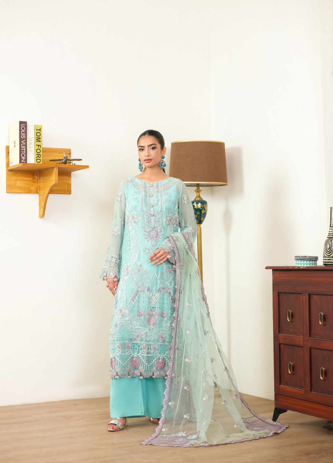 Era by Waresha Women Embroidered Chiffon 3 Piece Suit Frosted Azure WFE-08 - Formals Collection