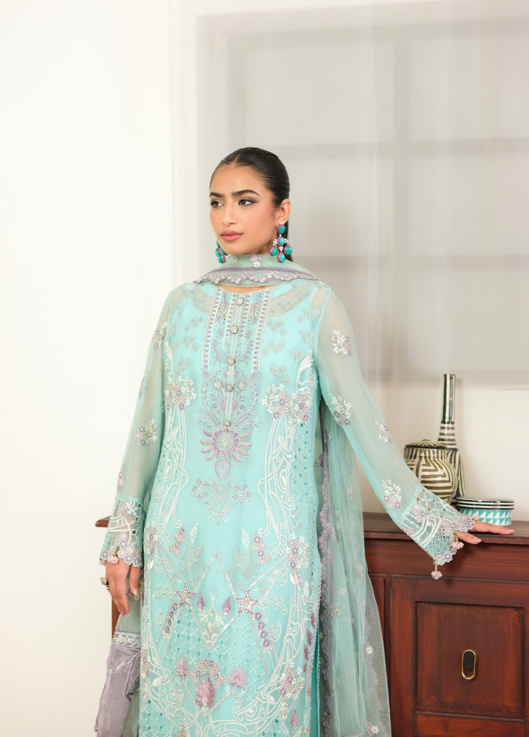 Era by Waresha Women Embroidered Chiffon 3 Piece Suit Frosted Azure WFE-08 - Formals Collection