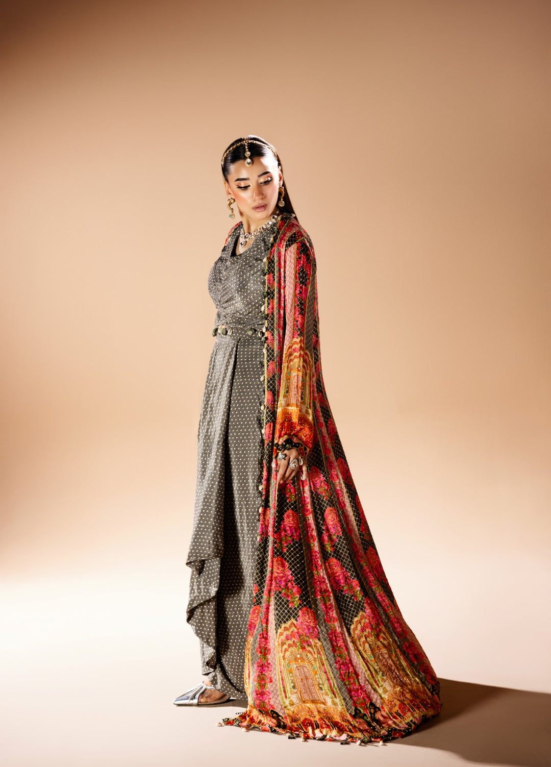 Gia by House Of Nyyra Women Pret Printed 3 Piece Charcoal Grey Indian Crepe Skirt Set With Silk Jacket - Festive Collection