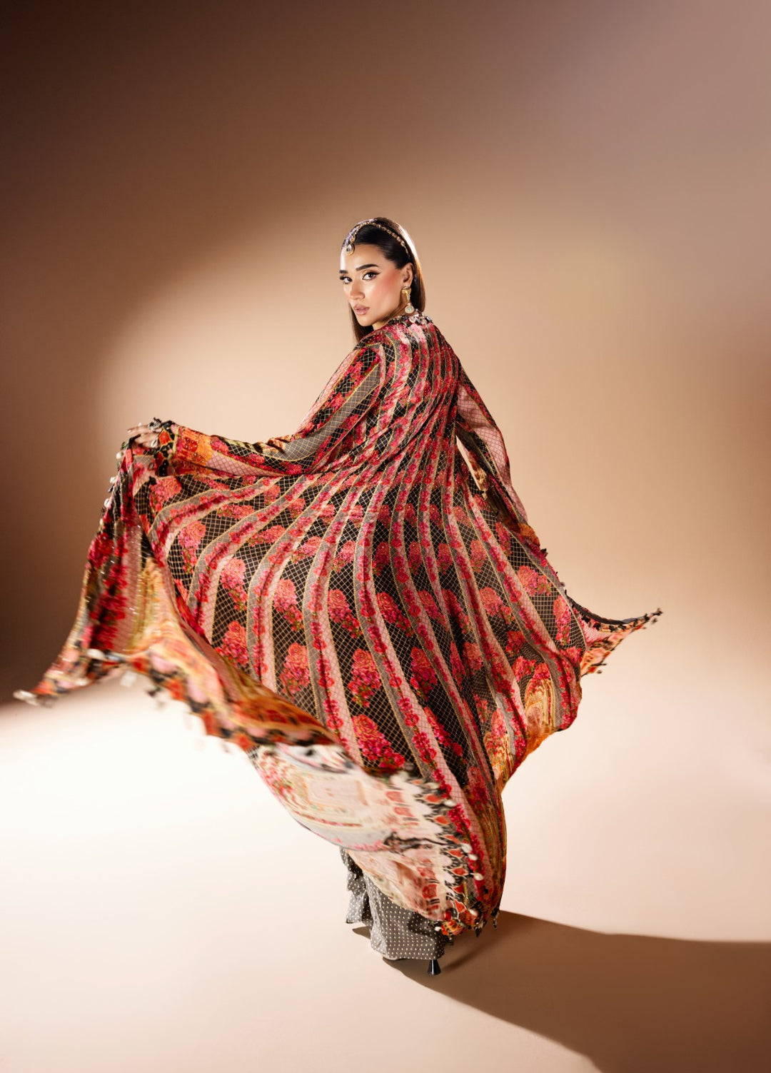 Gia by House Of Nyyra Women Pret Printed 3 Piece Charcoal Grey Indian Crepe Skirt Set With Silk Jacket - Festive Collection