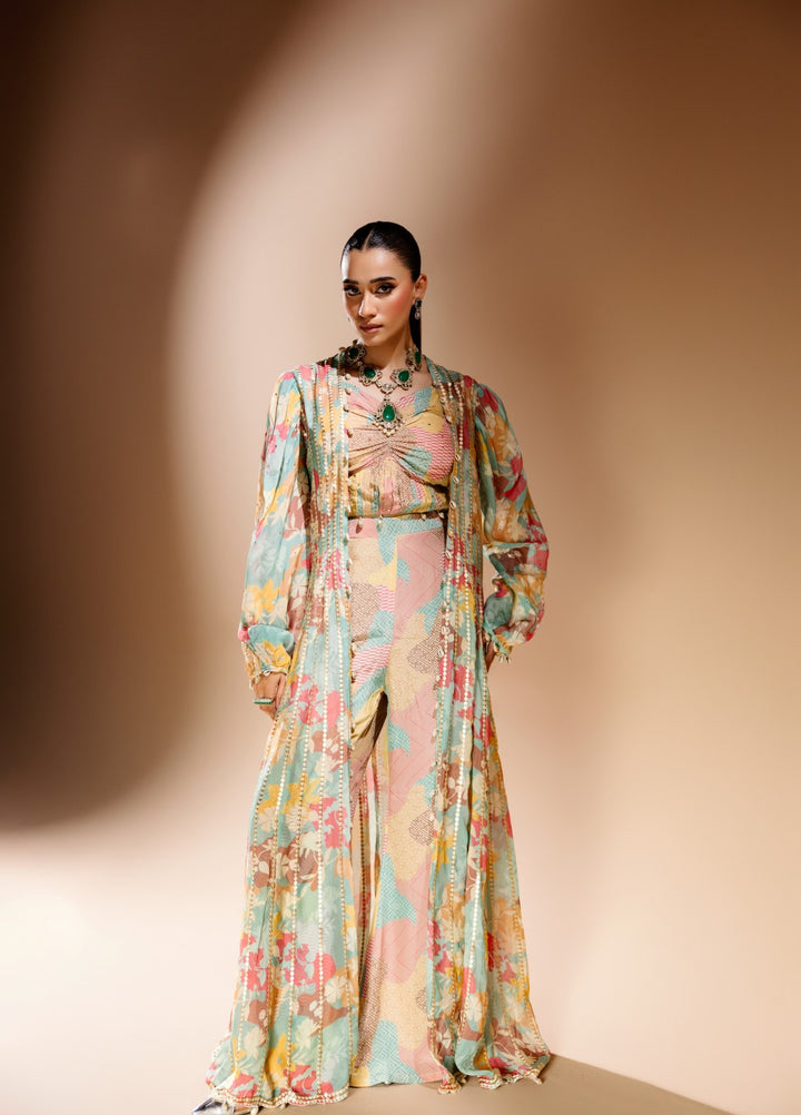 Gia by House Of Nyyra Women Pret Printed 3 Piece Vibrant Geometric Patterned Silk Pant And Jacket - Festive Collection