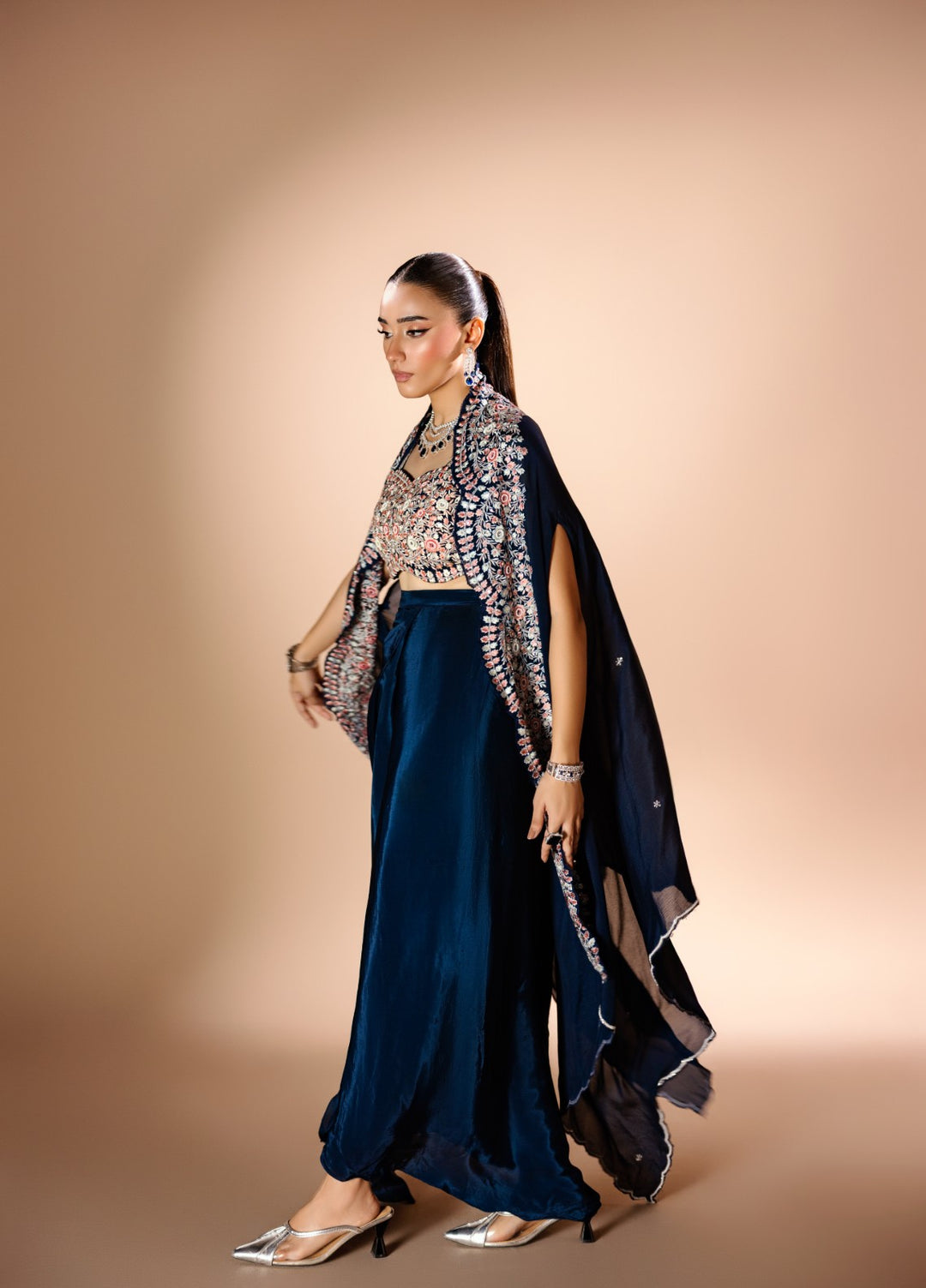 Gia by House Of Nyyra Women Pret Embroidered 3 Piece Navy Blue Silk Skirt With Georgette Blouse And Cape - Festive Collection