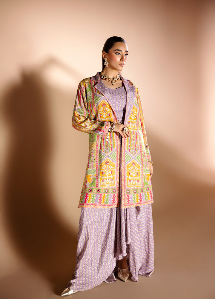 Gia by House Of Nyyra Women Pret Printed 3 Piece Lilac Jacket With Skirt Set - Festive Collection