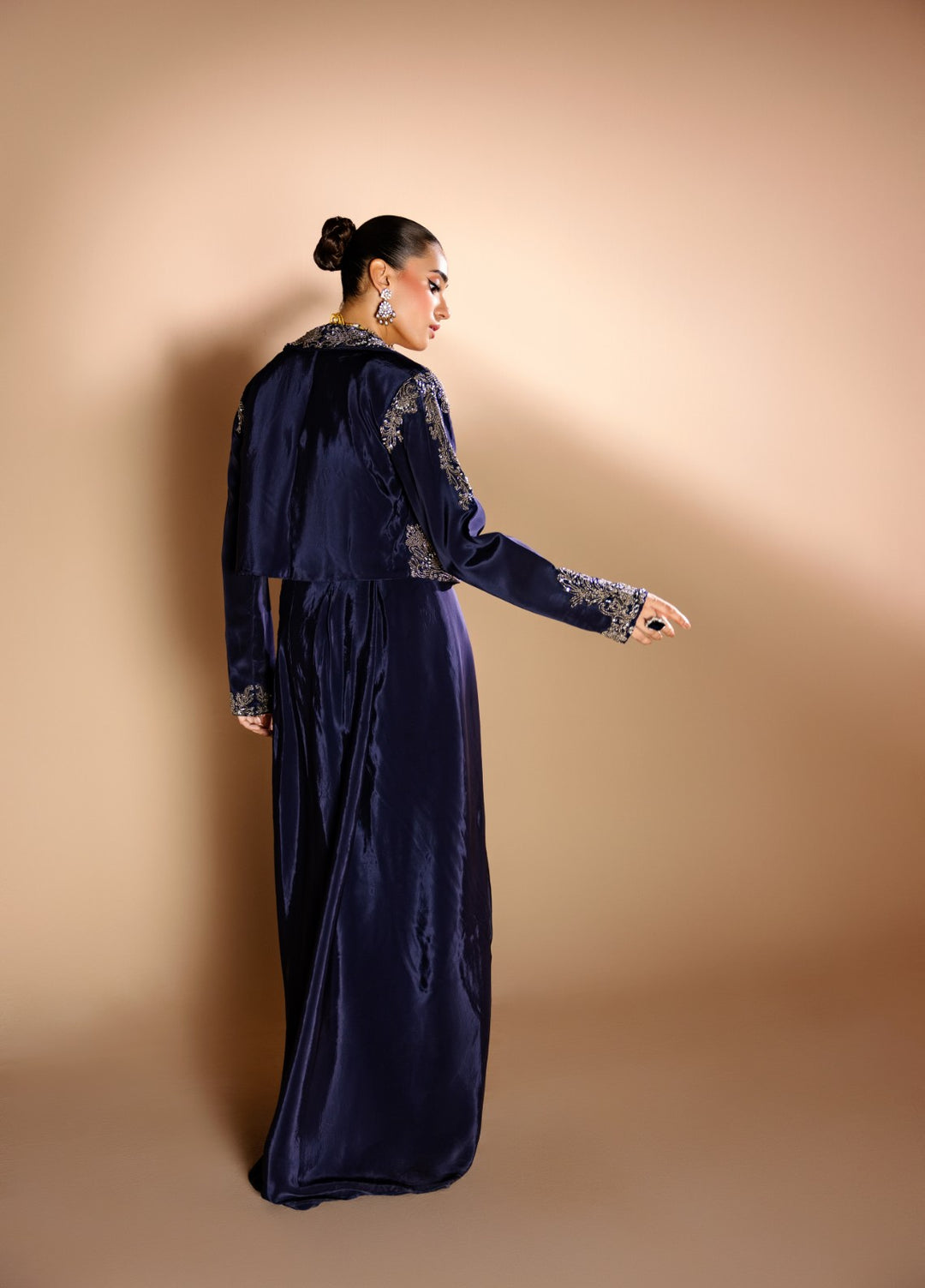 Gia by House Of Nyyra Women Pret Embroidered 3 Piece Navy Blue Silk Skirt Set With Embellished Jacket - Festive Collection