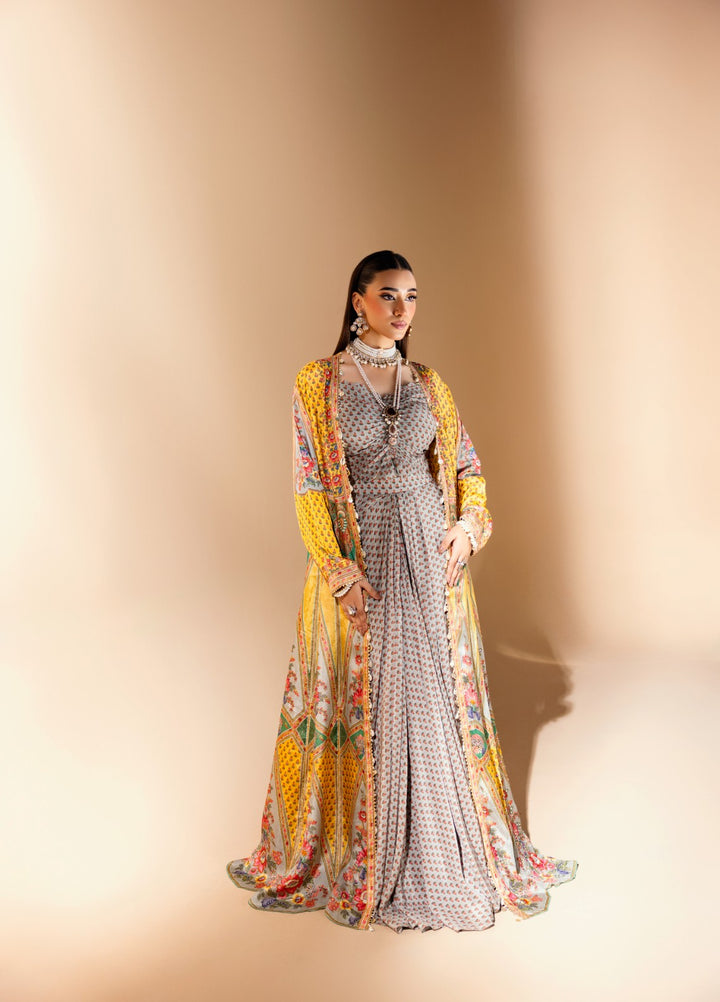 Gia by House Of Nyyra Women Pret Printed 3 Piece Grey And Mustard Crepe Skirt Set With Flared Jacket - Festive Collection