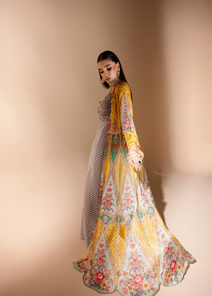 Gia by House Of Nyyra Women Pret Printed 3 Piece Grey And Mustard Crepe Skirt Set With Flared Jacket - Festive Collection