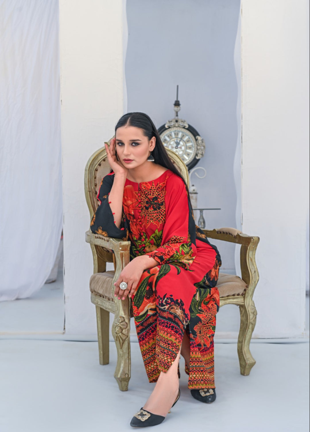 MG by Madiha Gohar Women Pret 1 Piece Printed Black and Red Kaftan - Casual Collection