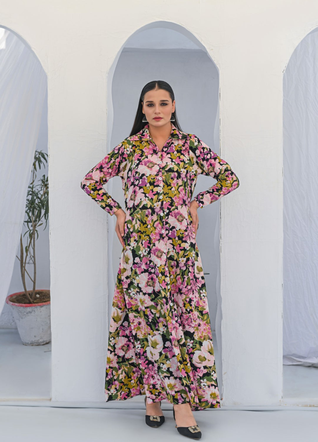 MG by Madiha Gohar Women Pret 1 Piece Printed Floral Black Aline Front open Long Shirt - Casual Collection