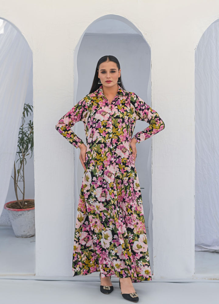 MG by Madiha Gohar Women Pret 1 Piece Printed Floral Black Aline Front open Long Shirt - Casual Collection