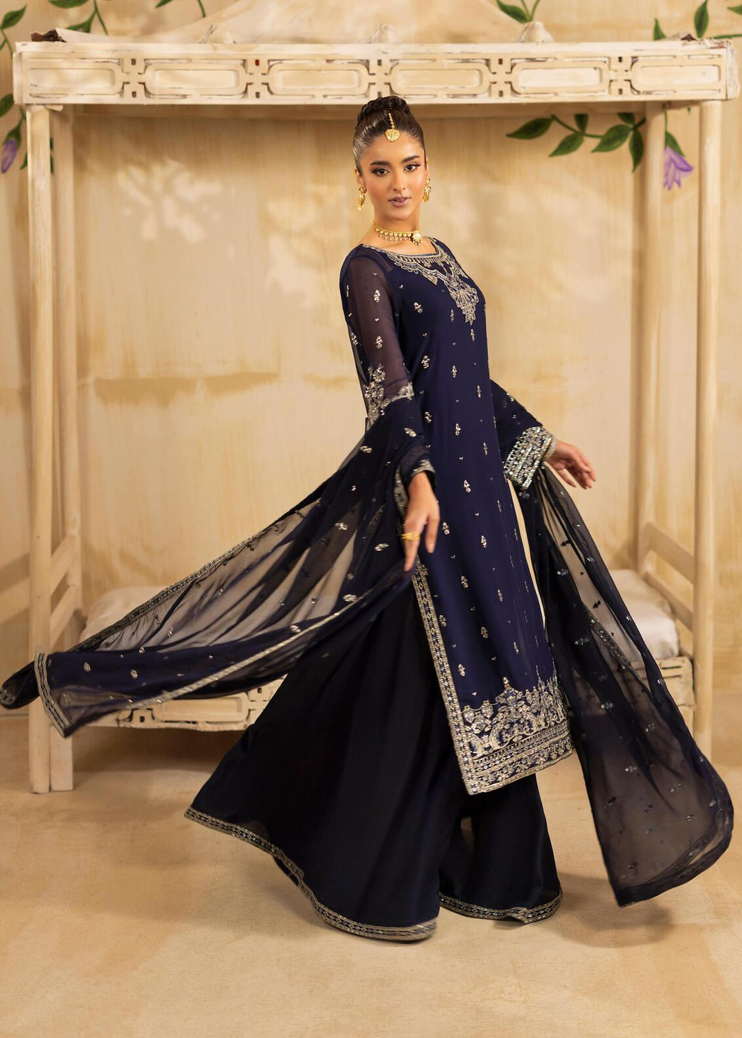 Riwayat by Eileen Pret Embroidered Chiffon 4 Piece Suit C10-Sabrina Navy Blue - Festive Collection