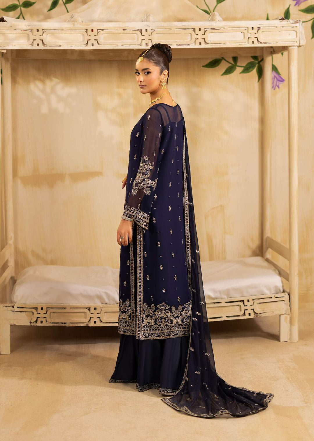 Riwayat by Eileen Pret Embroidered Chiffon 4 Piece Suit C10-Sabrina Navy Blue - Festive Collection