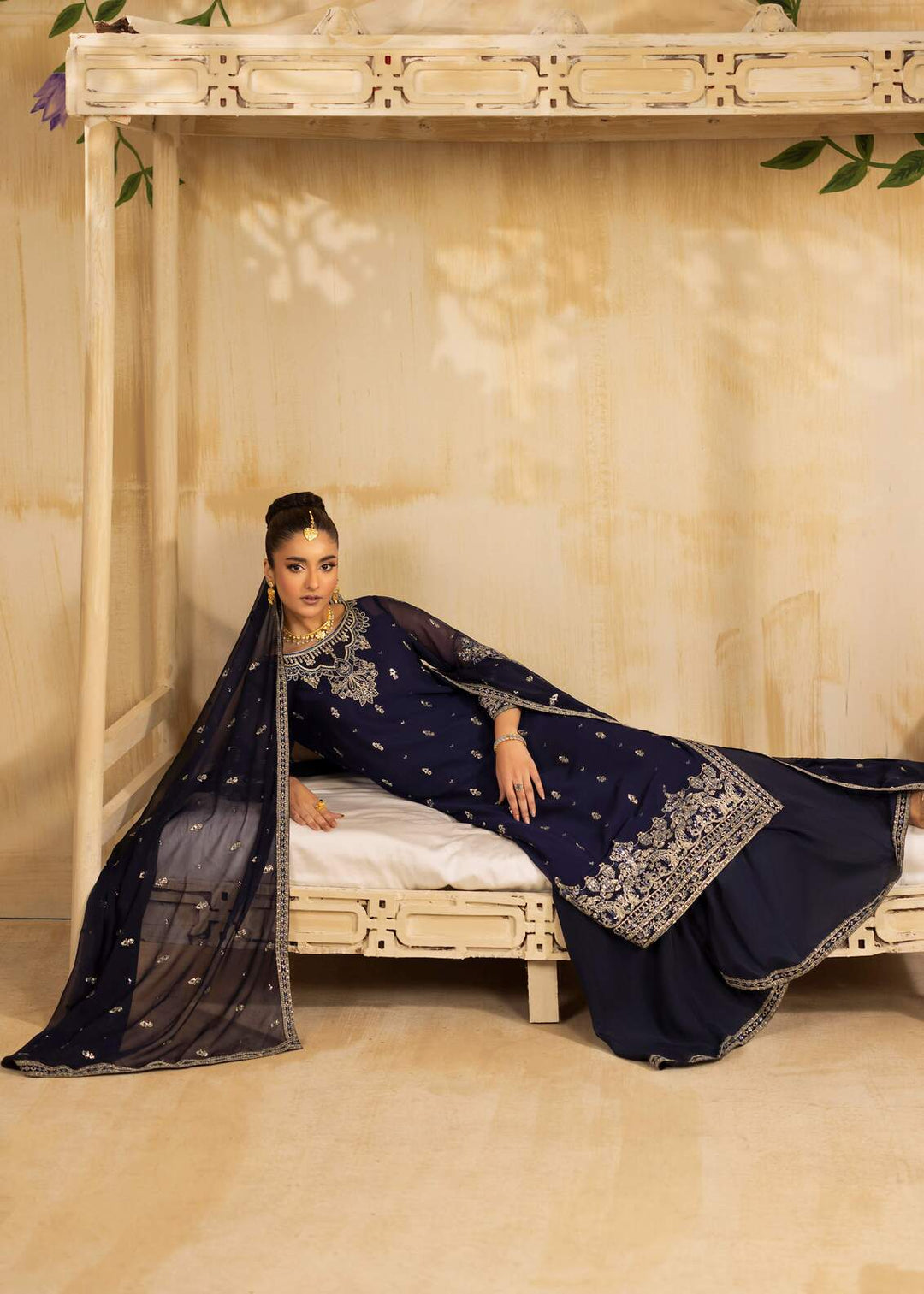 Riwayat by Eileen Pret Embroidered Chiffon 4 Piece Suit C10-Sabrina Navy Blue - Festive Collection