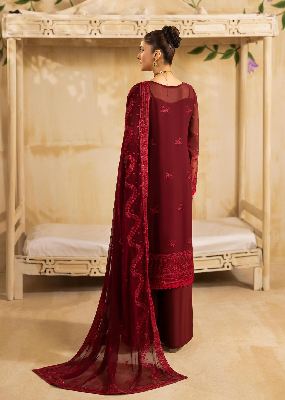 Riwayat by Eileen Pret Embroidered Chiffon 4 Piece Suit C12-Haseen Mahroon - Festive Collection