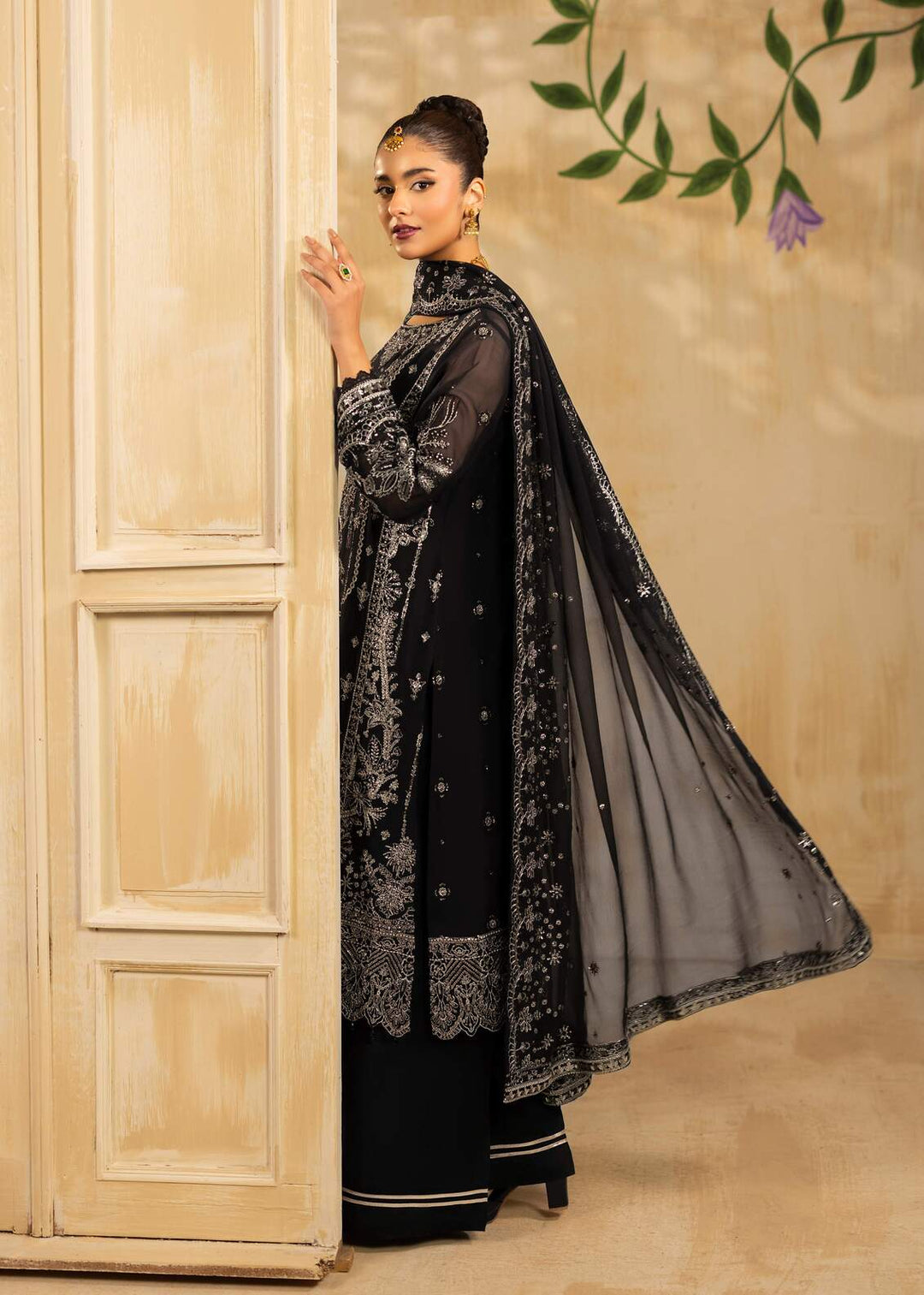 Riwayat by Eileen Pret Embroidered Chiffon 4 Piece Suit C13-Ayzel Black - Festive Collection