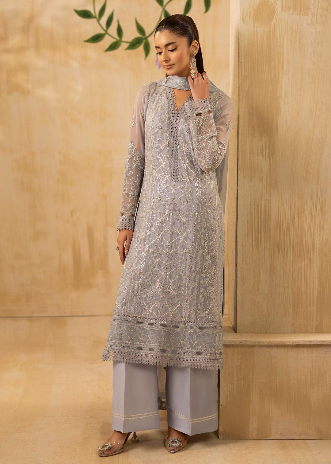 Riwayat by Eileen Pret Embroidered Chiffon 4 Piece Suit C15-Zohra Grey - Festive Collection