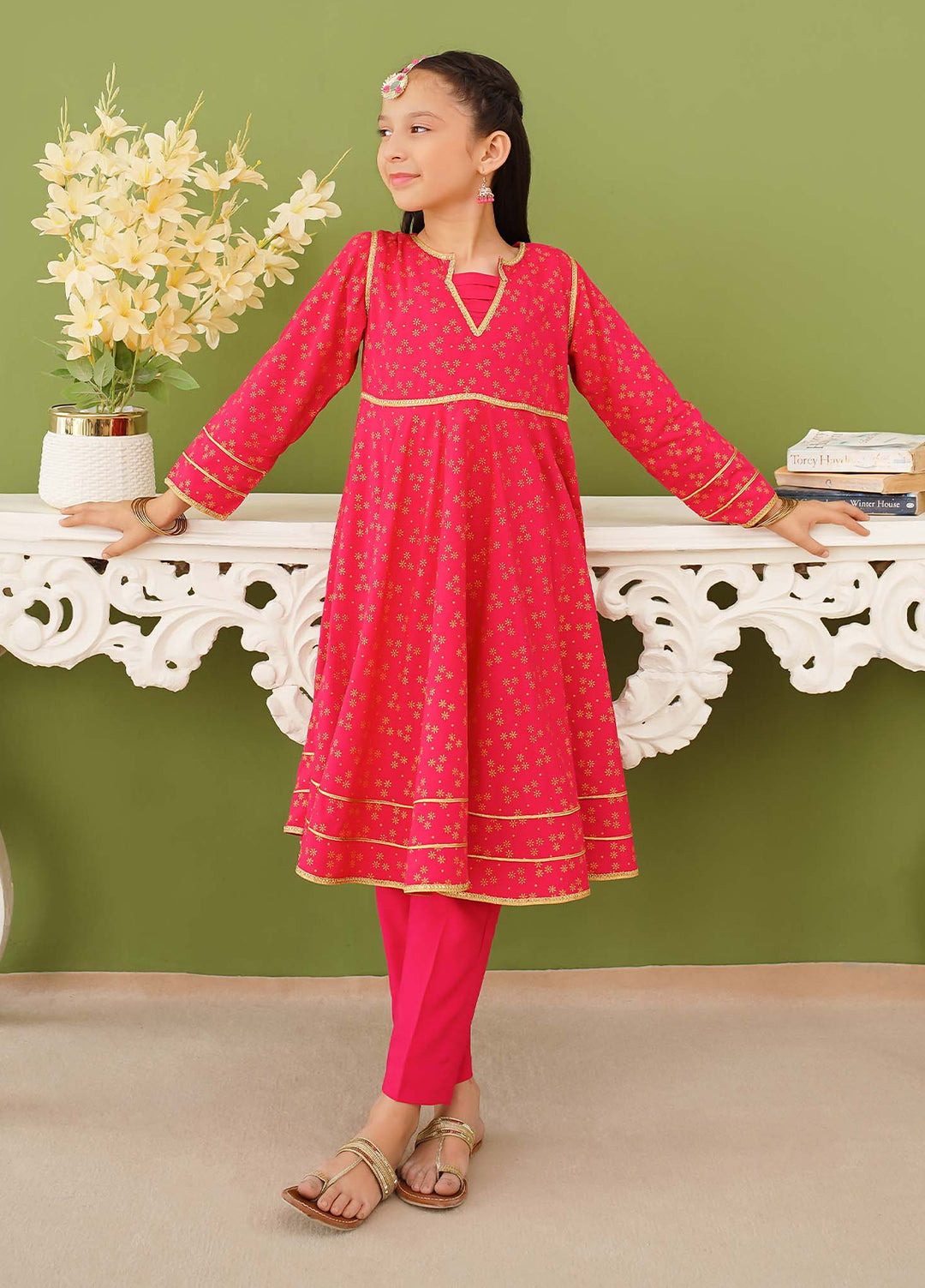 Modest Girls Pret Printed 3 Piece Linen Pink Suit D-07 - Festive Collection
