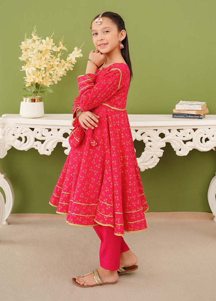 Modest Girls Pret Printed 3 Piece Linen Pink Suit D-07 - Festive Collection