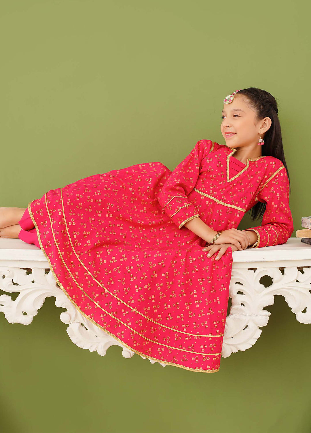 Modest Girls Pret Printed 3 Piece Linen Pink Suit D-07 - Festive Collection