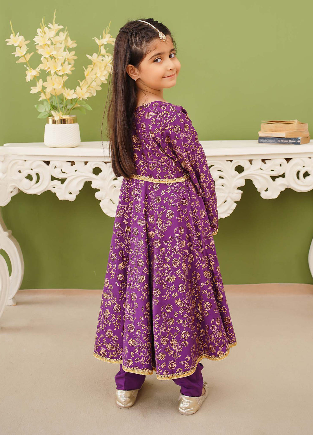 Modest Girls Pret Printed 3 Piece Linen Purple Suit D-08 - Festive Collection