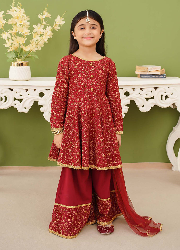 Modest Girls Pret Printed 3 Piece Linen Maroon Suit D-18 - Festive Collection