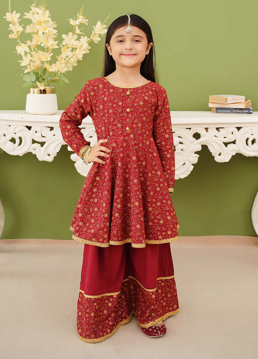 Modest Girls Pret Printed 3 Piece Linen Maroon Suit D-18 - Festive Collection