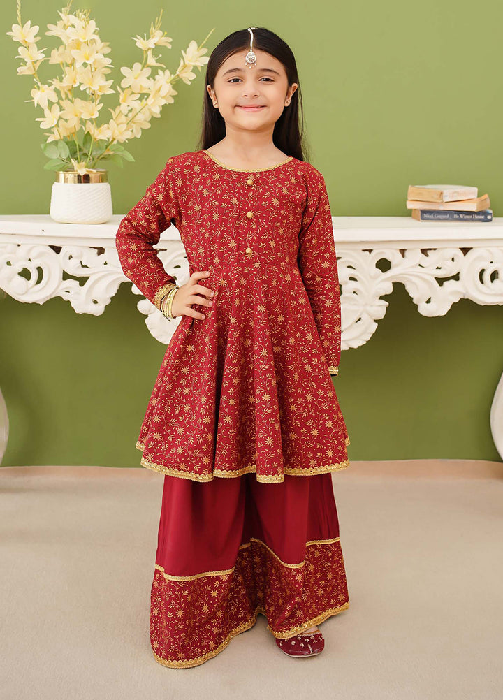 Modest Girls Pret Printed 3 Piece Linen Maroon Suit D-18 - Festive Collection