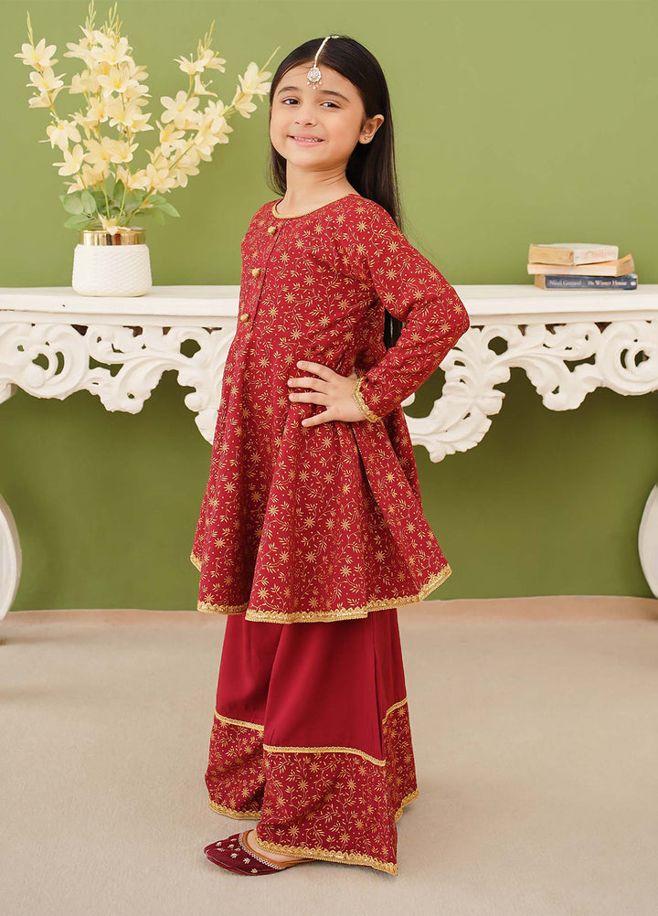 Modest Girls Pret Printed 3 Piece Linen Maroon Suit D-18 - Festive Collection