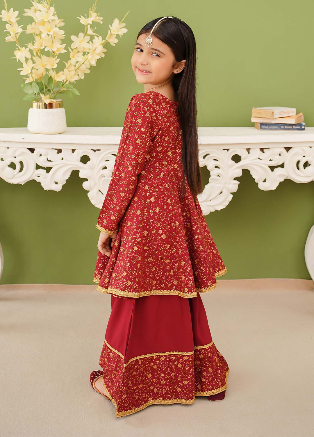 Modest Girls Pret Printed 3 Piece Linen Maroon Suit D-18 - Festive Collection