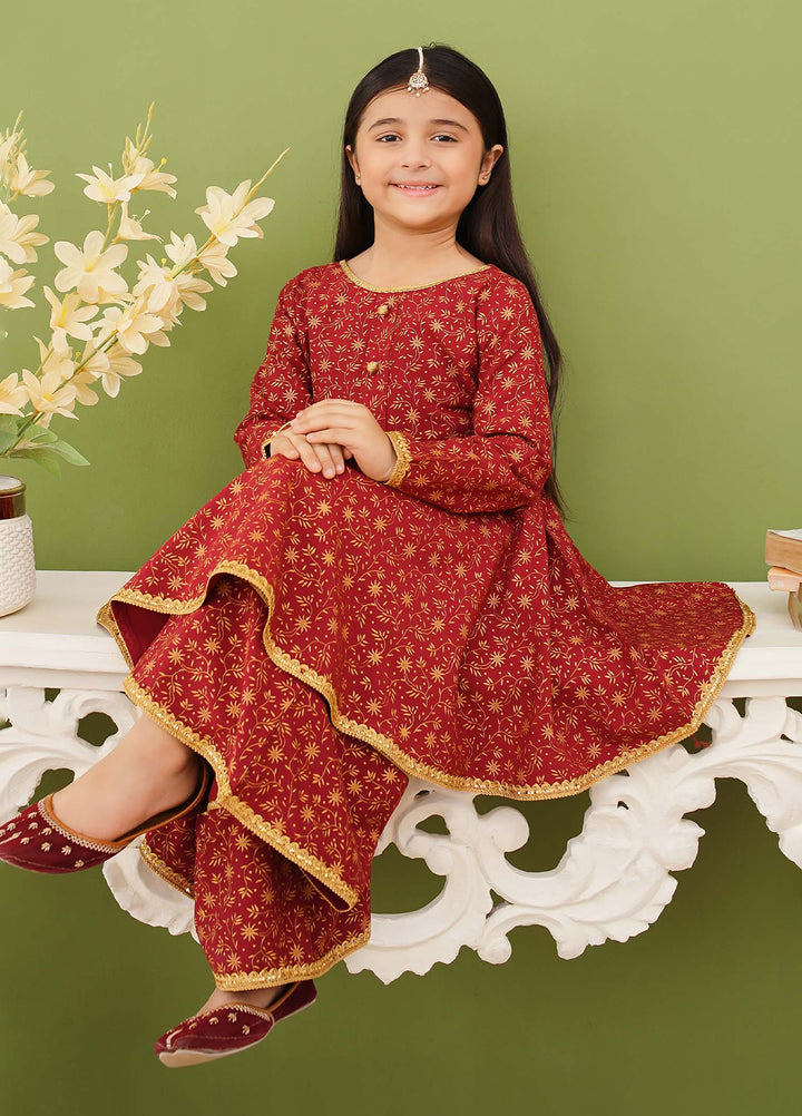 Modest Girls Pret Printed 3 Piece Linen Maroon Suit D-18 - Festive Collection