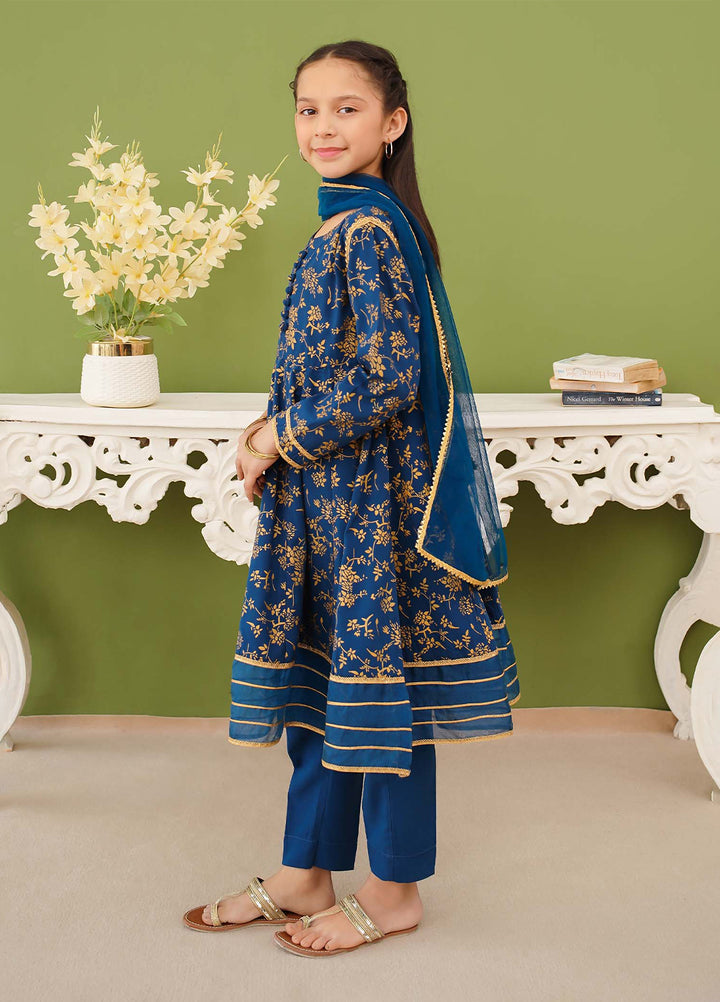 Modest Girls Pret Printed 3 Piece Linen Blue Suit D-06 - Festive Collection