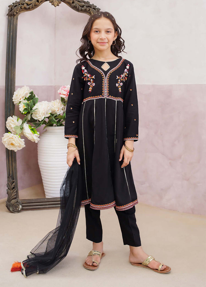 Modest Girls Pret Printed 3 Piece Linen Black Suit D-14 - Festive Collection