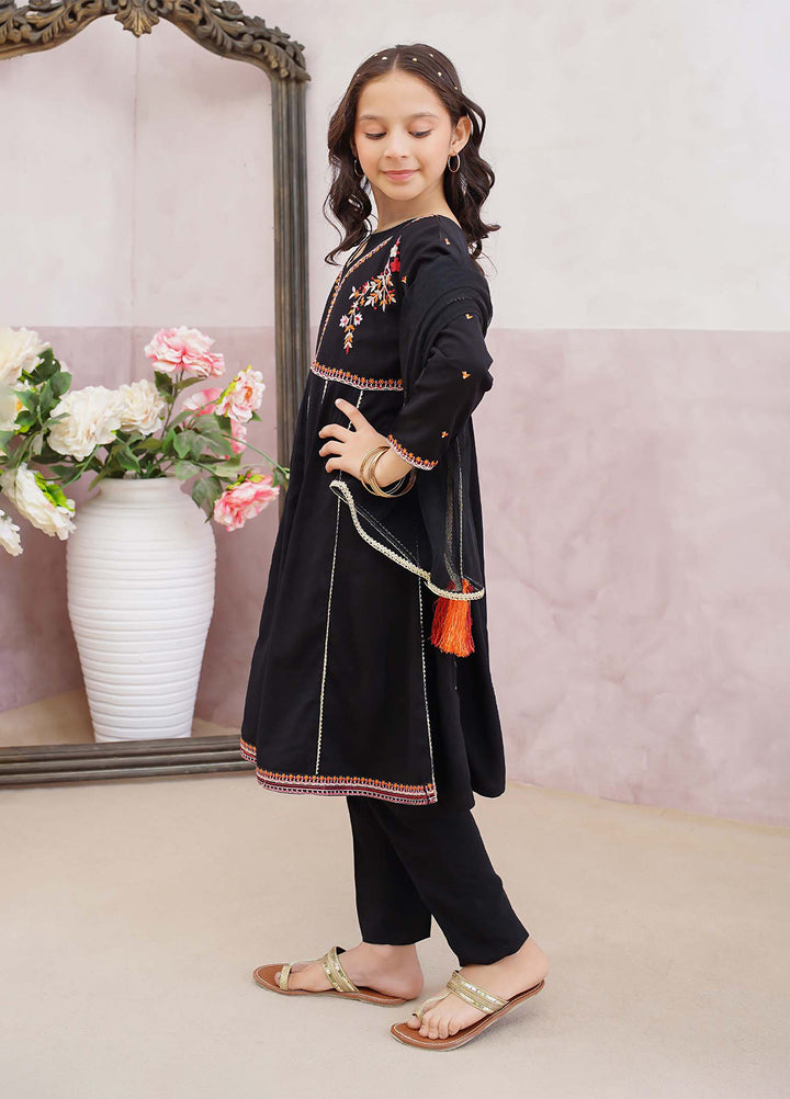 Modest Girls Pret Printed 3 Piece Linen Black Suit D-14 - Festive Collection