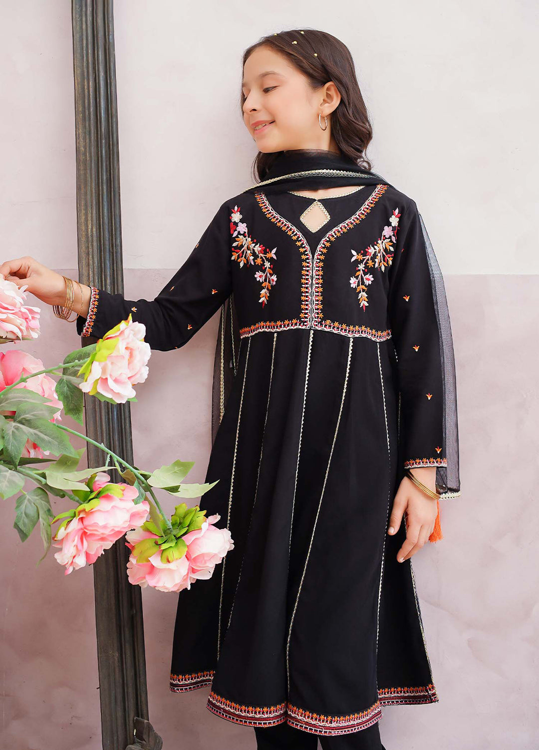 Modest Girls Pret Printed 3 Piece Linen Black Suit D-14 - Festive Collection